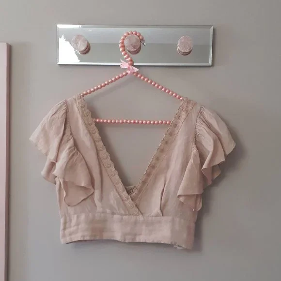 ☀️Zara nude linen plunge neckline crop top w/ floral mesh-like embroidery, M - Picture 8 of 11